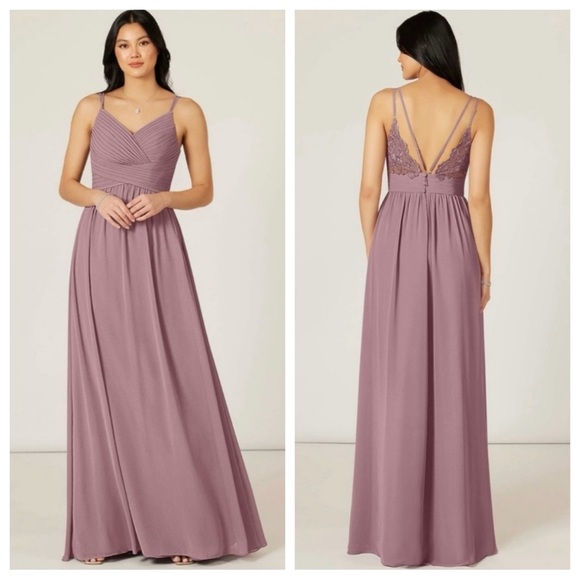 Azazie Blake Chiffon Lace Pleated A-line Bridesmaids Maxi Dress Vintage Mauve - Picture 1 of 11